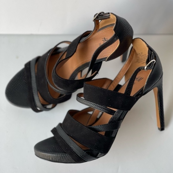 H&M Strappy Black Leather Sandals Stiletto Platform Heels, Sz 7 - Picture 9 of 13